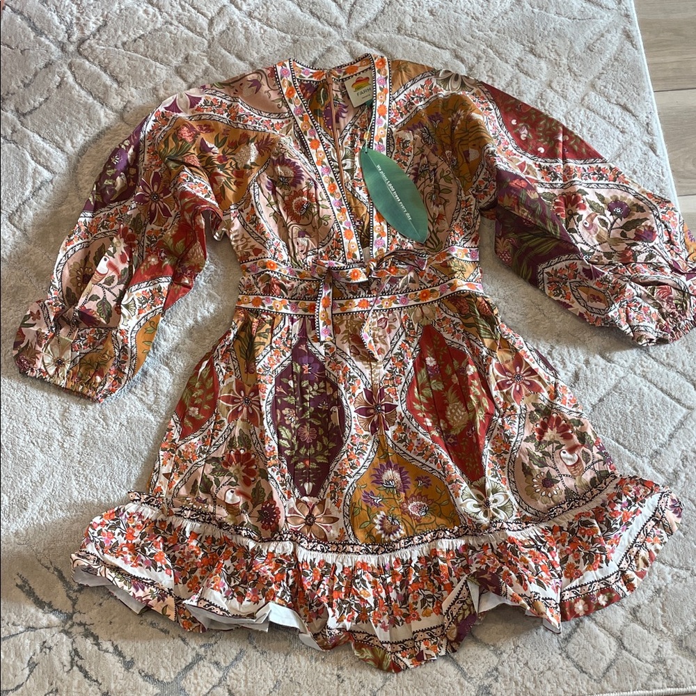 New Farm Rio Boho Floral Print Deep V-Neck Dress in Brown Multi